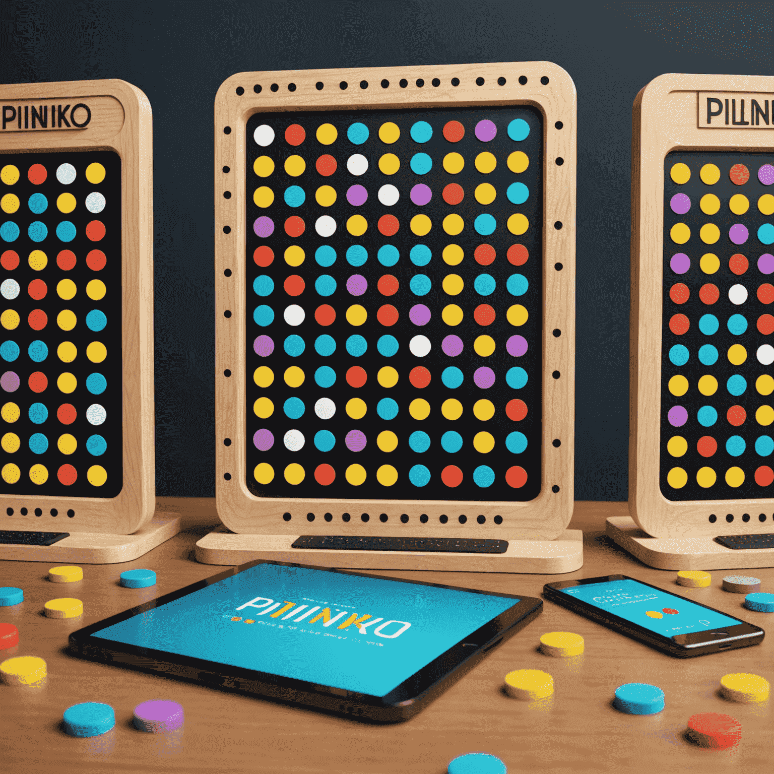 Ilustrasi digital Plinko dengan tablet dan telefon pintar menunjukkan aplikasi Plinko, dikelilingi oleh papan Plinko tradisional dan cip