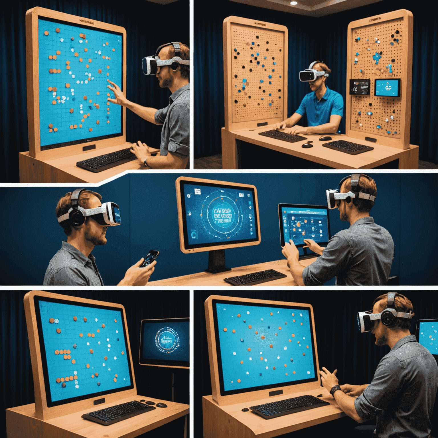 Kolaj pelbagai skrin peranti menunjukkan aplikasi Plinko, pemain menggunakan headset VR untuk bermain Plinko, dan papan kedudukan dalam talian Plinko